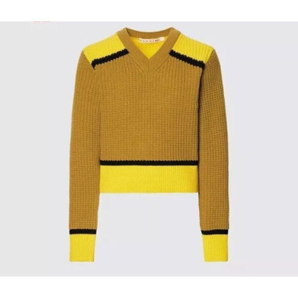 MARNI x UNIQLO Sweater  Size X-Small Yellow Mustard Popcorn Knit V-Neck - Picture 2 of 9